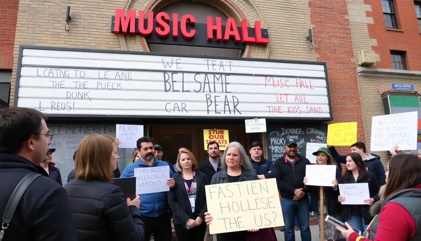 A crowd gathers outside the Music Hall of Williamsburg, holding signs advocating for the preservation of the venue as its lease expiration approaches in 2026.