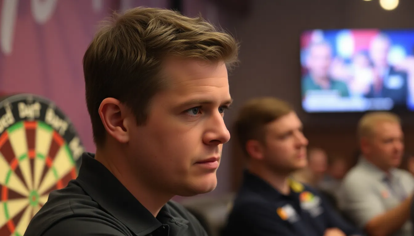 Cameron Menzies stands at the oche, looking tense and focused as he prepares to throw during a highpressure darts match.