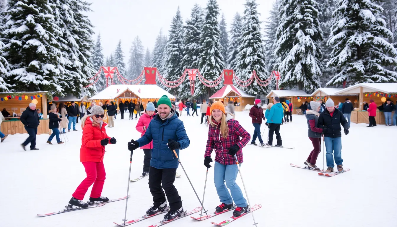A group of people bundled in winter clothing enjoys outdoor activities at a snowy park, with trees covered in frost and a festive atmosphere in the air.