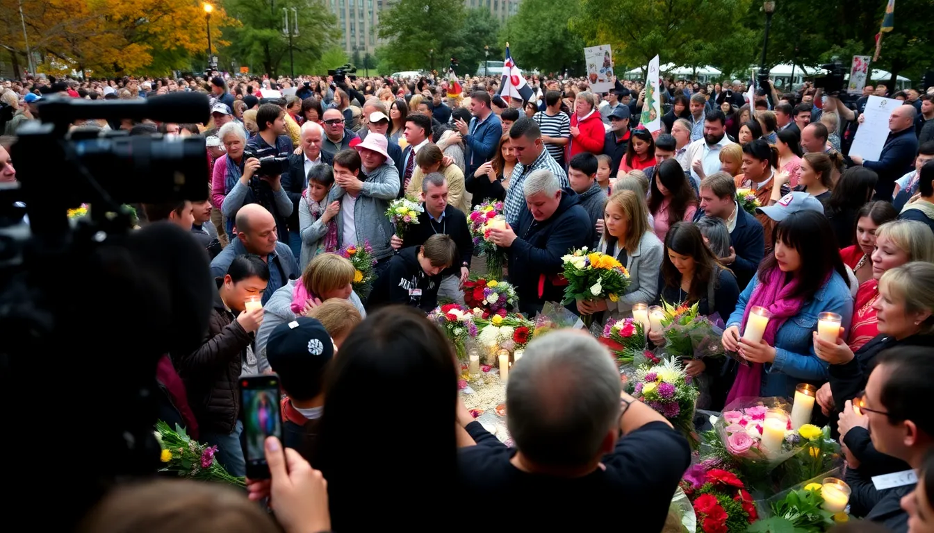 A group of mourners gathers at a memorial site adorned with flowers and candles, paying tribute to the late singer Adele, as they share memories and celebrate her musical legacy.