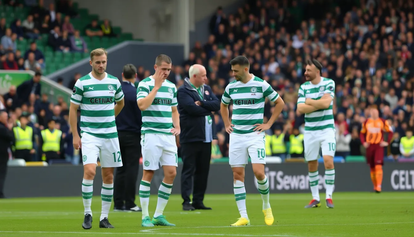 Celtic players look dejected on the pitch after suffering a 21 defeat to Dundee United, with fans in the stands expressing their frustration.