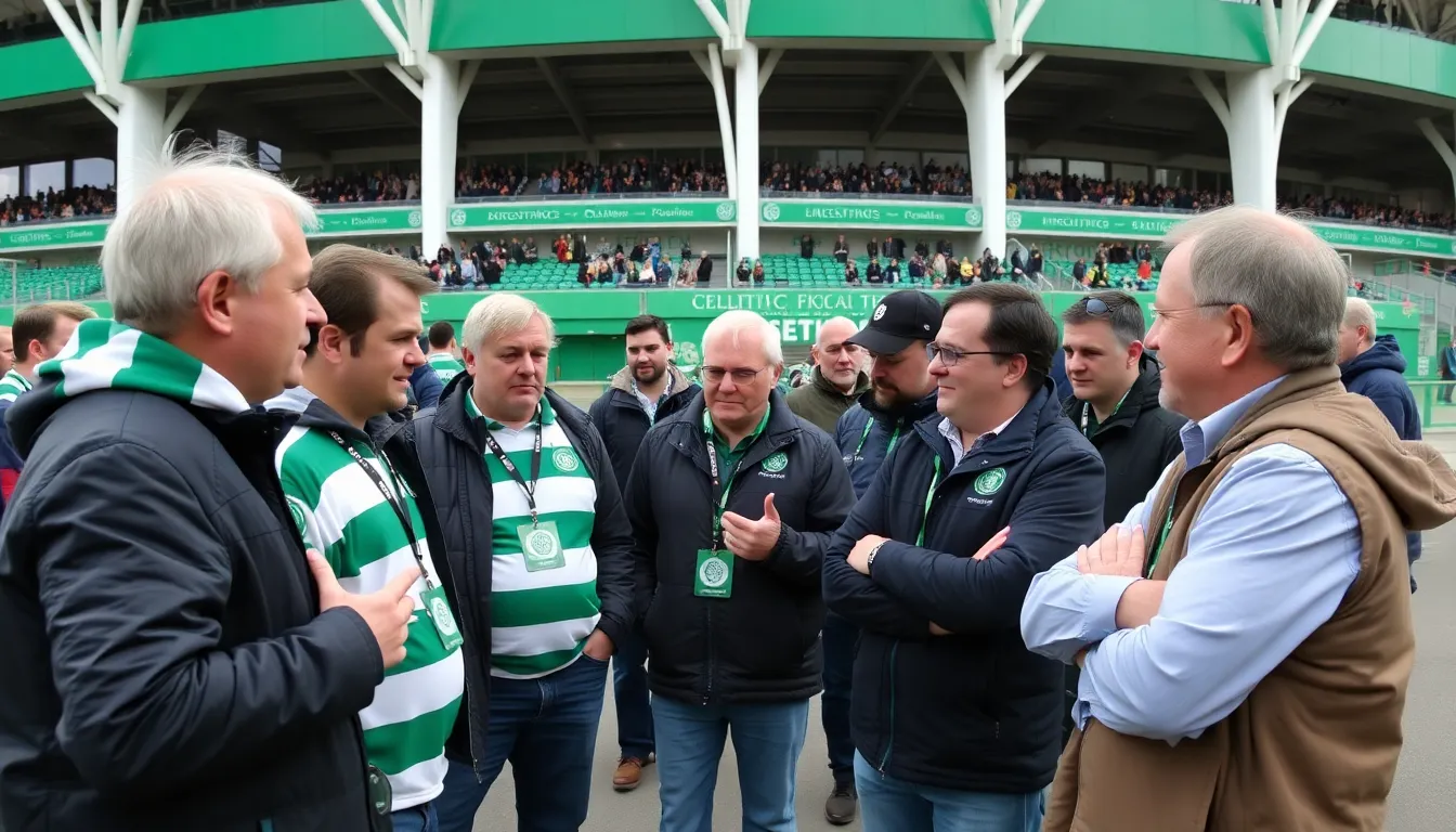 Celtic Football Club fans gather outside the stadium, holding banners and expressing their concerns about the team's recent performance and managerial decisions.