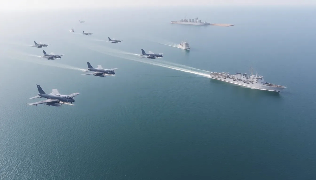 Chinese military vessels conduct maneuvers in the waters surrounding Taiwan as part of extensive military drills aimed at deterring separatist movements.