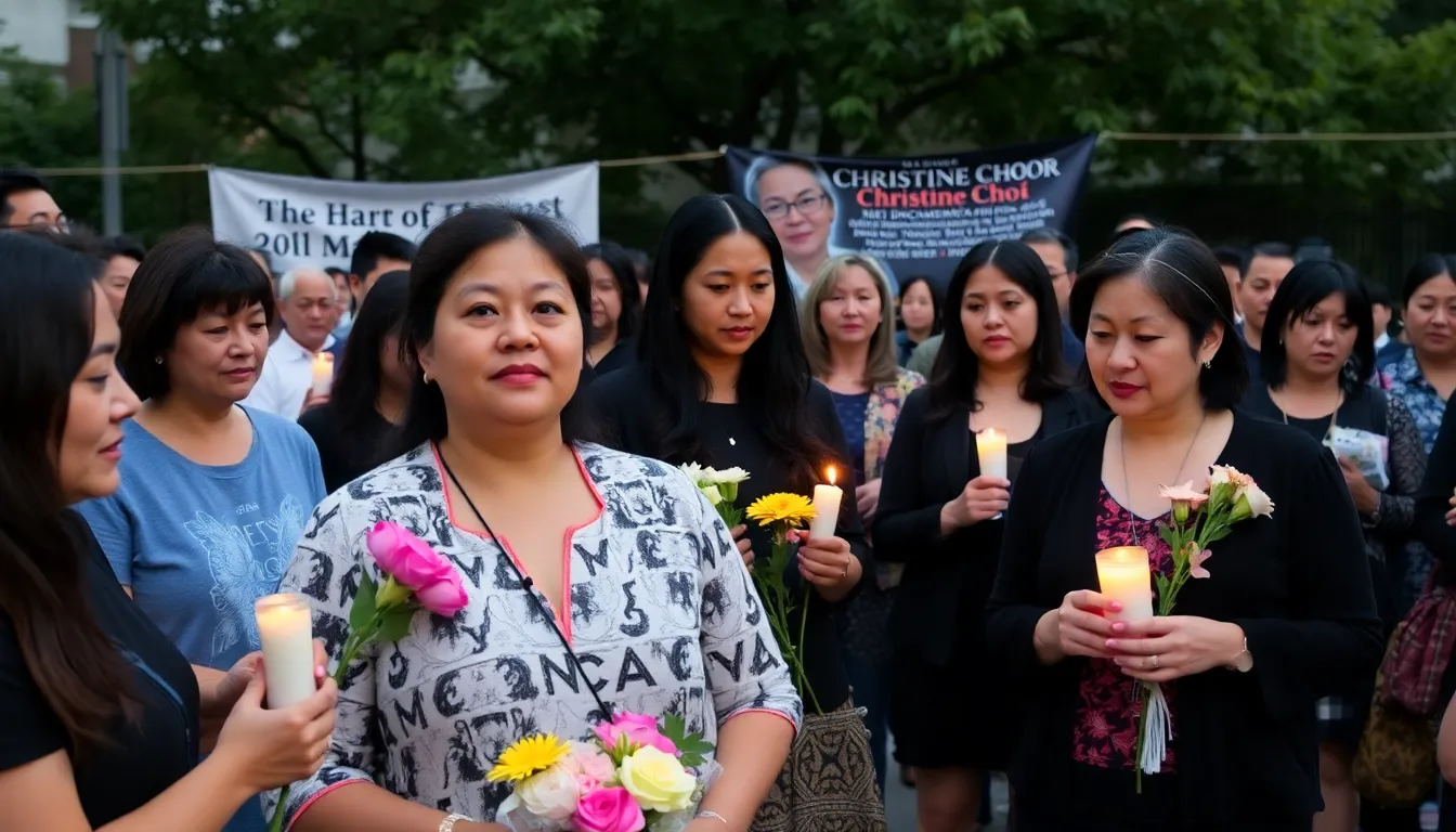 A group of filmmakers and supporters gather at a memorial service to honor the legacy of Christine Choy, celebrating her contributions to Asian American documentary filmmaking.