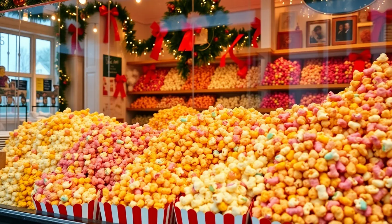 A festive display of colorful Christmas popcorn in decorative bowls is set on a table, surrounded by holidaythemed decorations and twinkling lights.