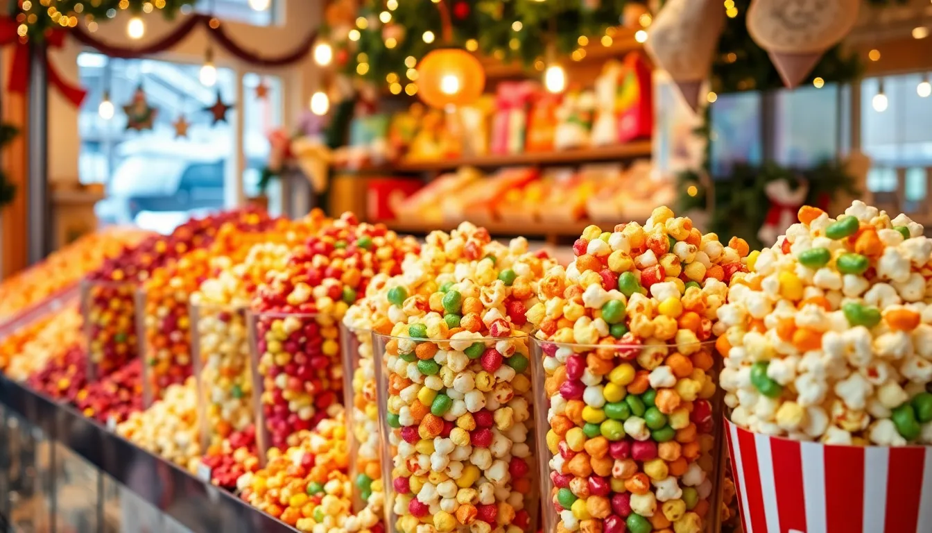 多彩なフレーバーが並ぶクリスマスポップコーンの陳列棚、ギフト用に選ばれる様子