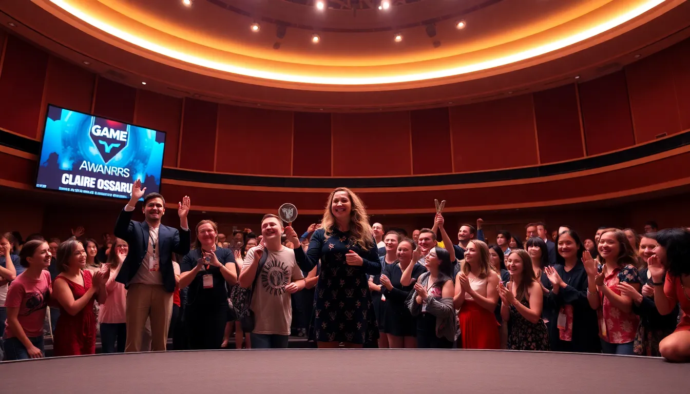 A crowd of enthusiastic gamers and industry professionals applauds as Clair Obscur is announced as the winner of Game of the Year at The Game Awards ceremony.