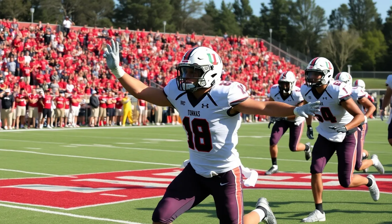A college football quarterback throws a pass during a highstakes game, with fans cheering in the background and team banners waving in the stands.