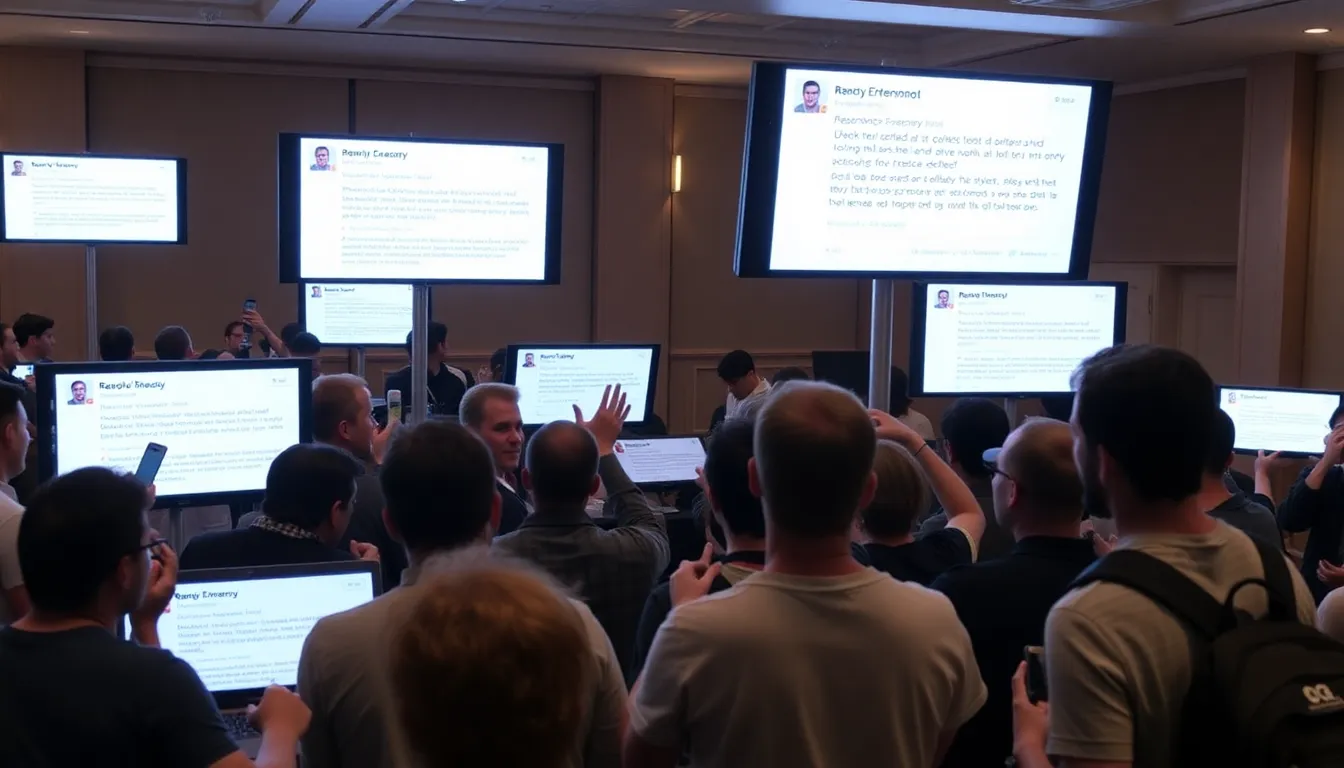 A group of excited gamers gathers at a gaming convention, eagerly discussing the newly announced sequel to Control, titled Resonant, while surrounded by promotional banners and merchandise.
