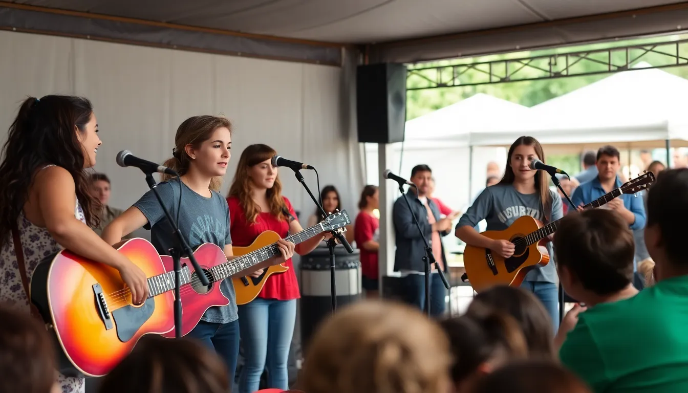 A diverse group of singers performs passionately on stage, their expressions reflecting the themes of fear and resilience as they engage the audience with powerful music.