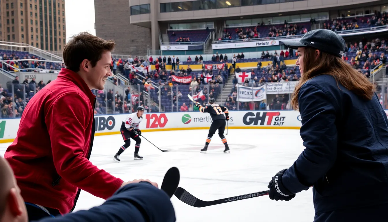 Connor Storrie and Hudson Williams share an intense moment on the ice, showcasing their characters' rivalry and chemistry in a scene from HBO's new series Heated Rivalry.
