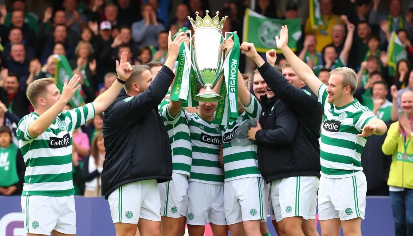 Celtic players practice on the pitch as they prepare for an important cup final, with fans gathering in the stands, showcasing their support and enthusiasm for the upcoming match.