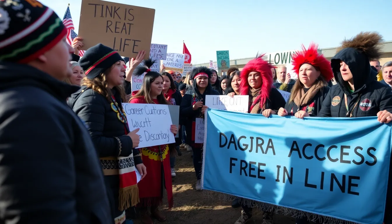 Protesters gather outside a government building, holding signs and banners opposing the Dakota Access Pipeline as tensions rise over recent government support for its operations.