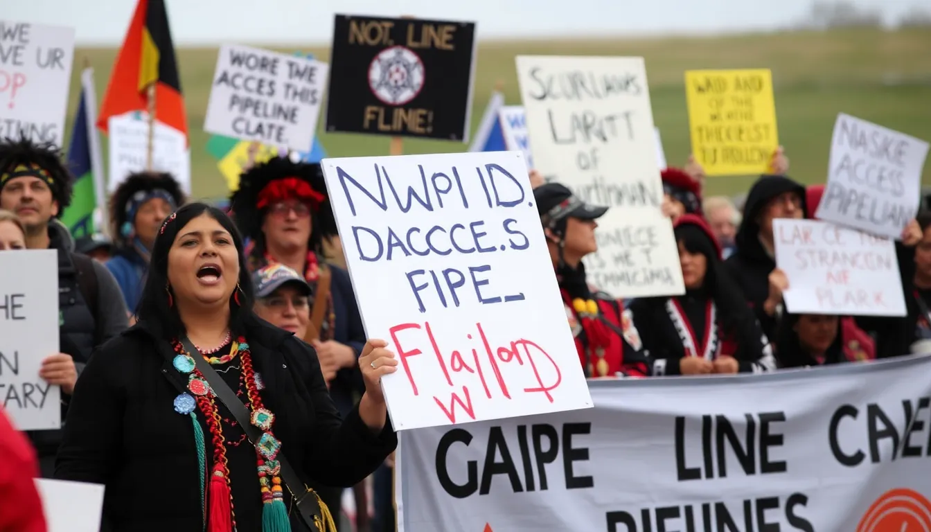 Protesters gather near the Standing Rock Sioux Tribe's reservation, voicing their concerns over the pipeline's potential impact on water resources and treaty rights