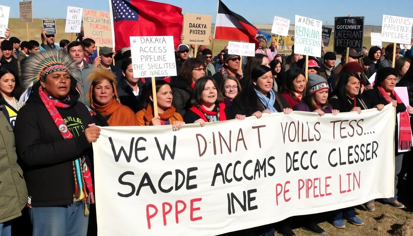 Indigenous activists hold banners during a demonstration, highlighting the ongoing struggle for environmental justice and the protection of sacred lands against fossil fuel projects
