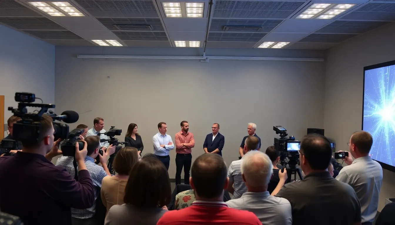A group of physicists from CERN discusses their groundbreaking findings on dark matter during a press conference, surrounded by charts and data projections.