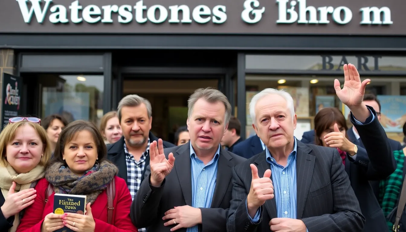 A crowd of festivalgoers gathers outside the Waterstones venue, eagerly awaiting the announcement of the updated lineup after David Walliams' removal from the event.
