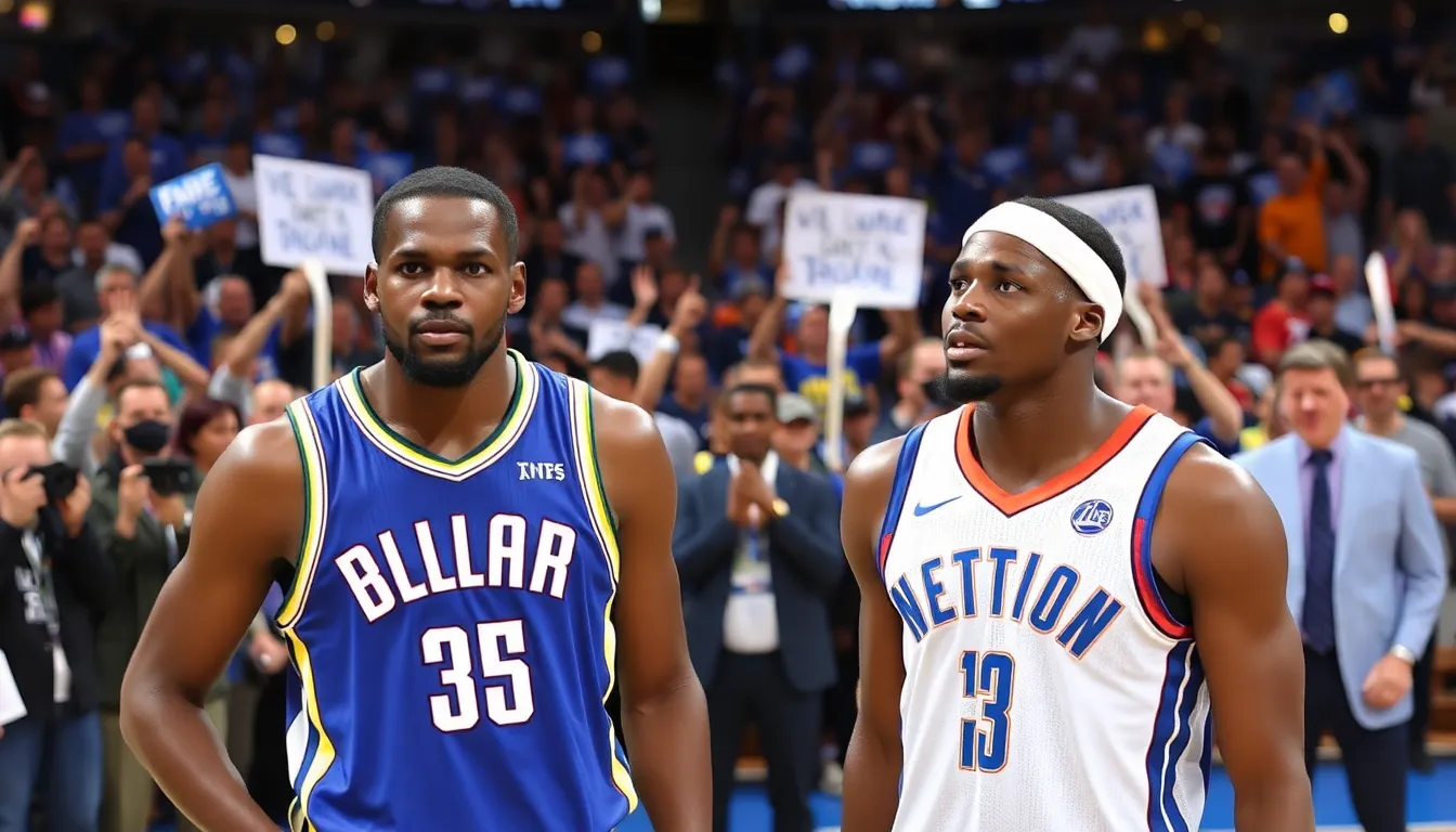 Kevin Durant and Russell Westbrook are seen warming up on the court before their respective games, showcasing their focused expressions and intense preparation for the upcoming matchups.