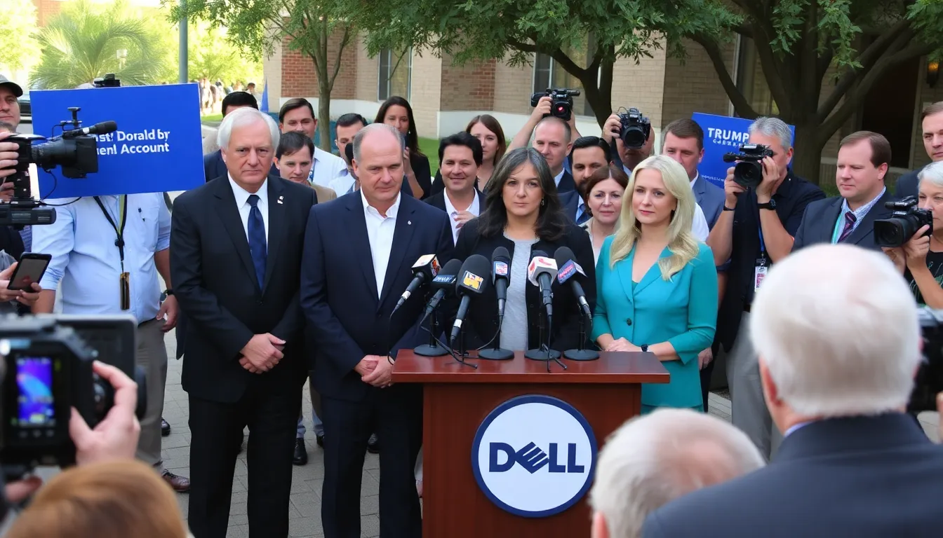 The Dell family stands together in a living room, smiling as they hold a check for 0 made out to accounts associated with Donald Trump for their children.