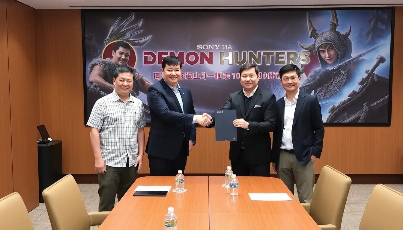 A group of excited fans gathers outside a venue, holding banners and merchandise in anticipation of the announcement regarding the global soundtrack distribution for 'Demon Hunters' with Sony Music Taiwan.