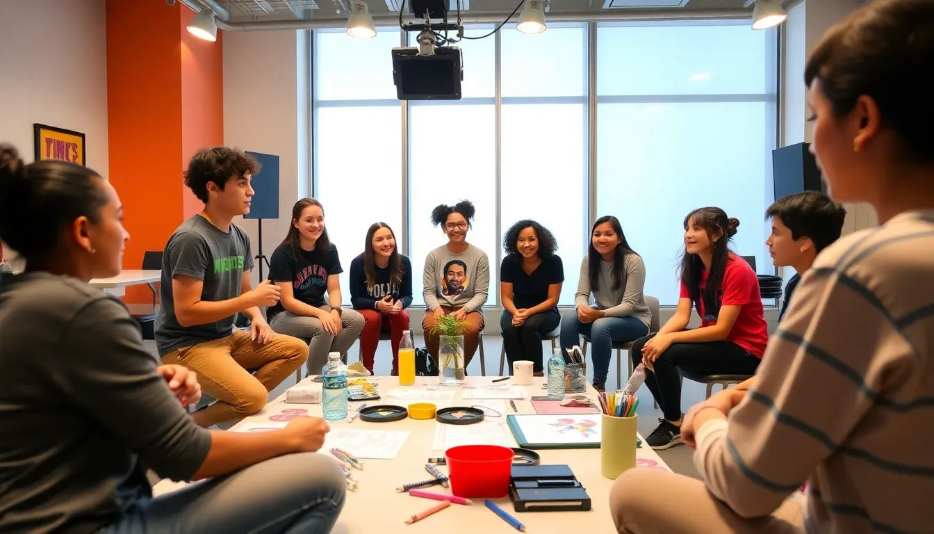 A group of young actors rehearses a scene from the upcoming series adaptation of Percy Jackson and the Olympians, showcasing Disney's commitment to nurturing new talent in the entertainment industry.