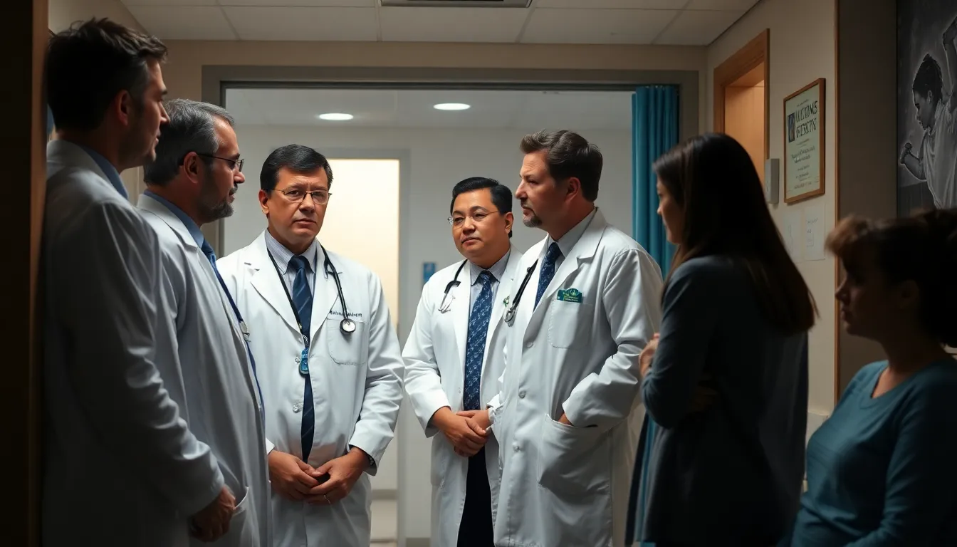 A group of healthcare professionals engaged in a meeting, illustrating the complexities of patient information management and ethical responsibilities