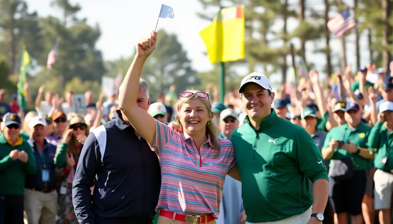 A vibrant scene at Augusta National Golf Club, bustling with fans and participants, reflecting the significant economic impact of the Masters Tournament on the local community
