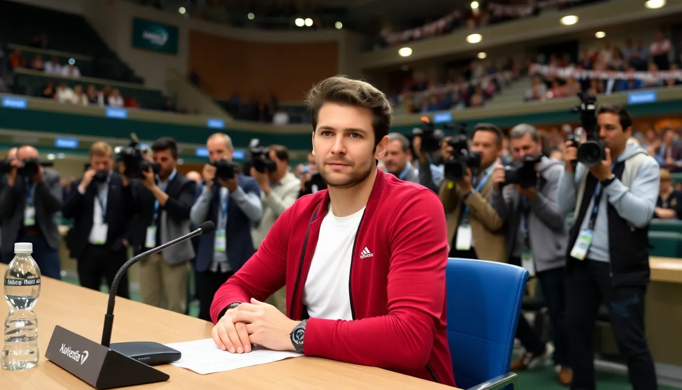 Stan Wawrinka speaks at a press conference, sharing his plans to retire from professional tennis after the 2026 season, surrounded by reporters and cameras.