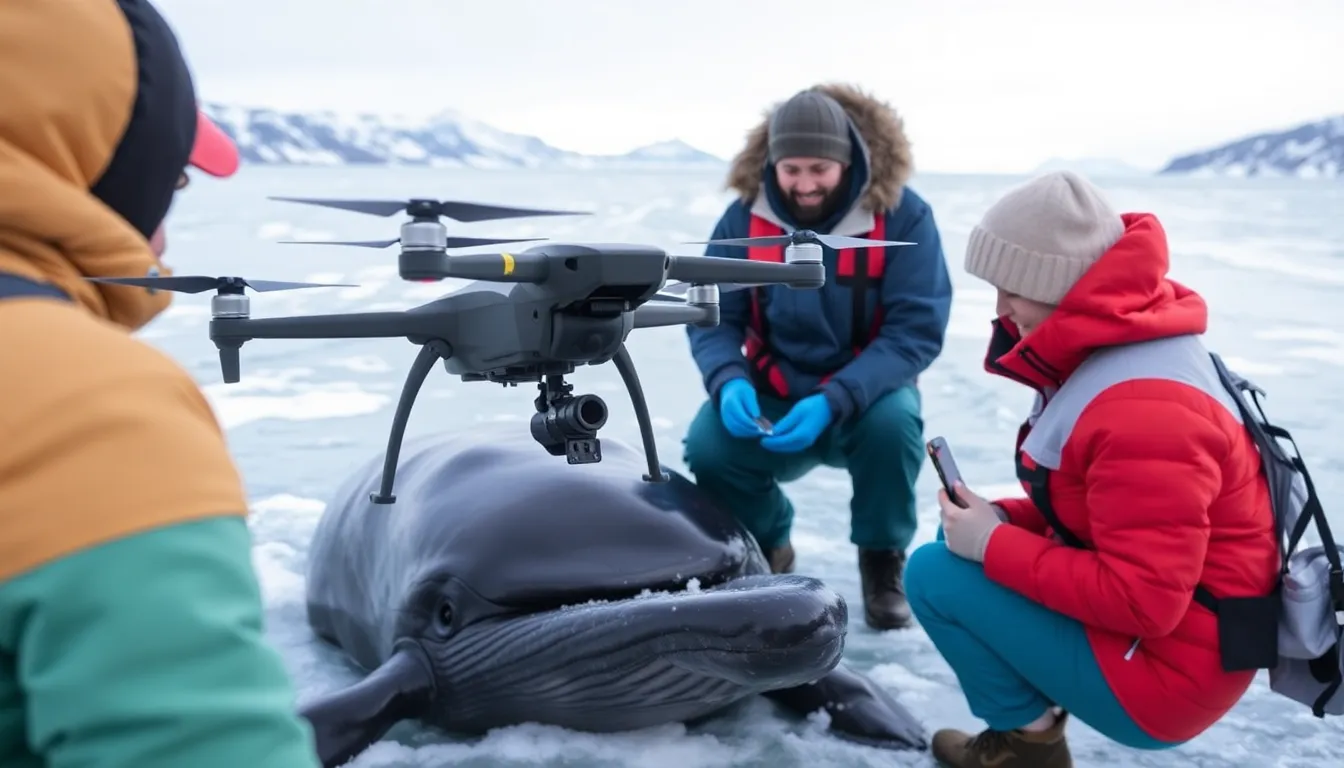 A drone hovers above a group of Arctic whales as researchers collect breath samples to detect a deadly virus affecting the marine mammals.
