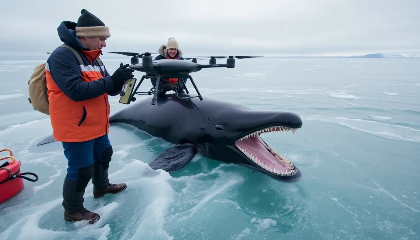 A drone equipped with specialized sensors hovers over the icy waters of the Arctic, ready to capture vital data on whale populations and their health