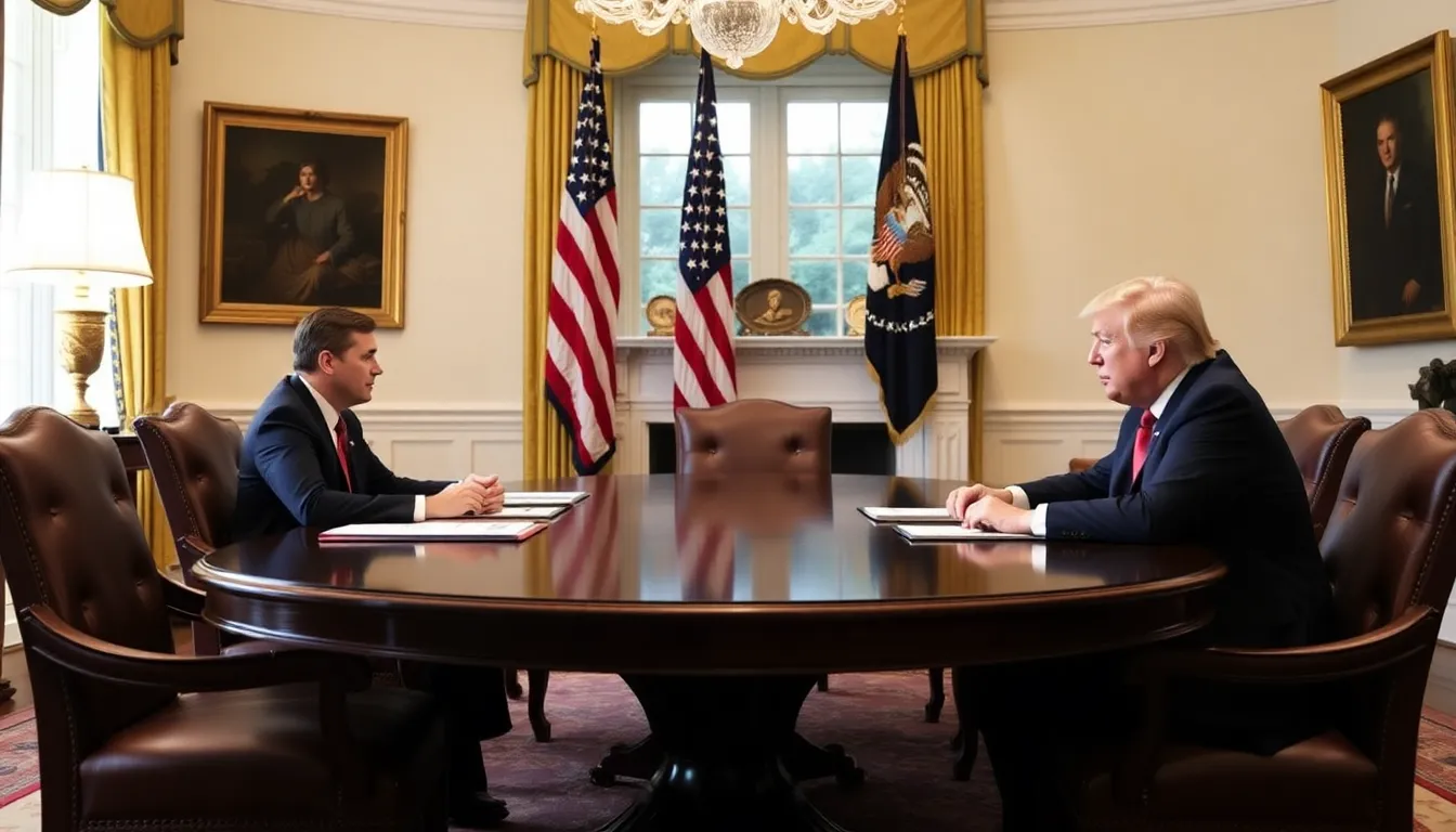 テッド・サランドスCEOがトランプ大統領とホワイトハウスで対面し、エンターテインメント業界の政策について意見を交わしている場面。