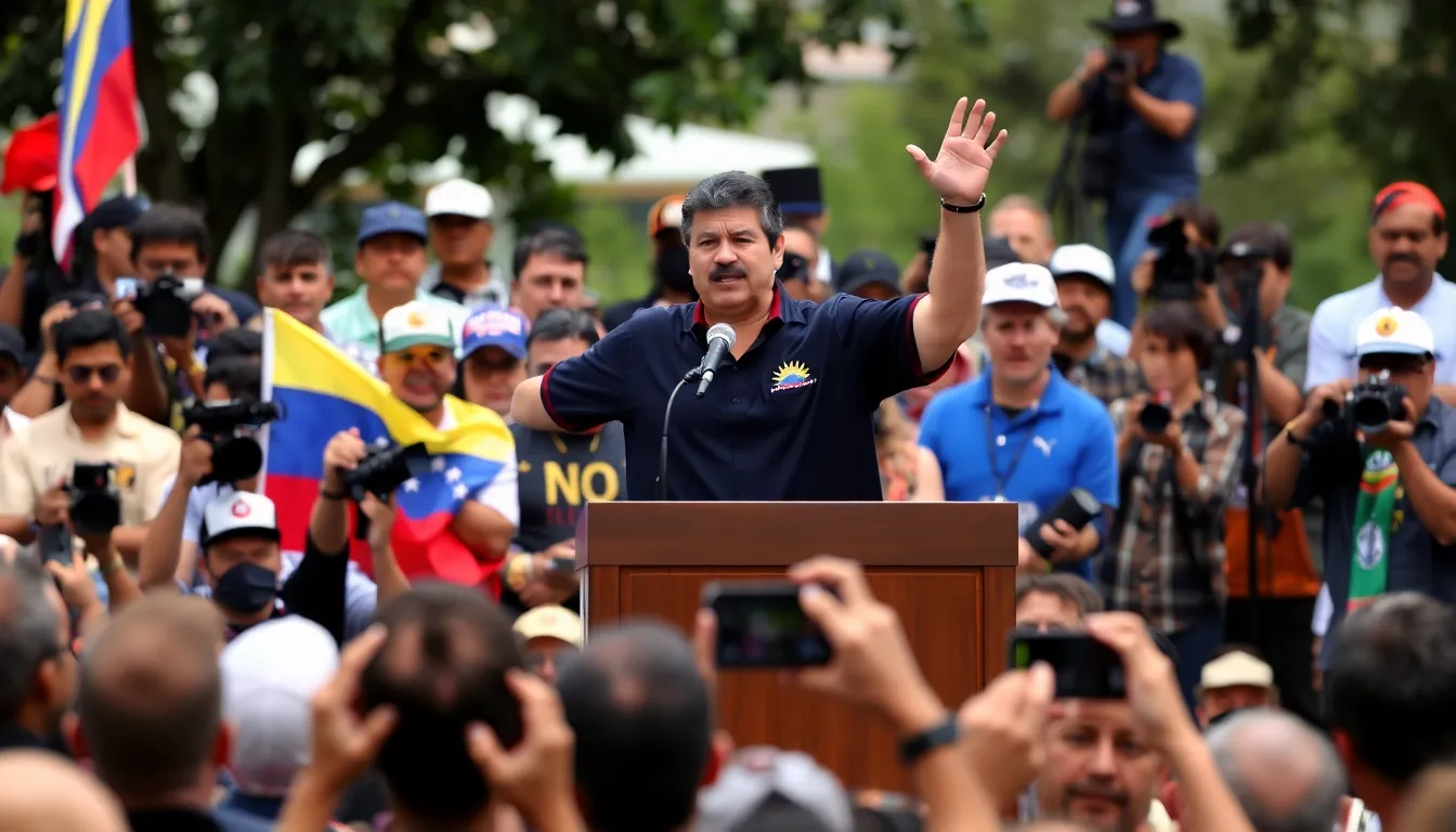 A political rally in Venezuela, highlighting the opposition's push for democratic governance and their alignment with U.S. policies