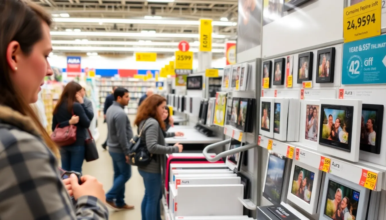 A promotional banner advertising the price cut on the Aura Digital Picture Frame, enticing consumers during the Cyber Monday shopping frenzy