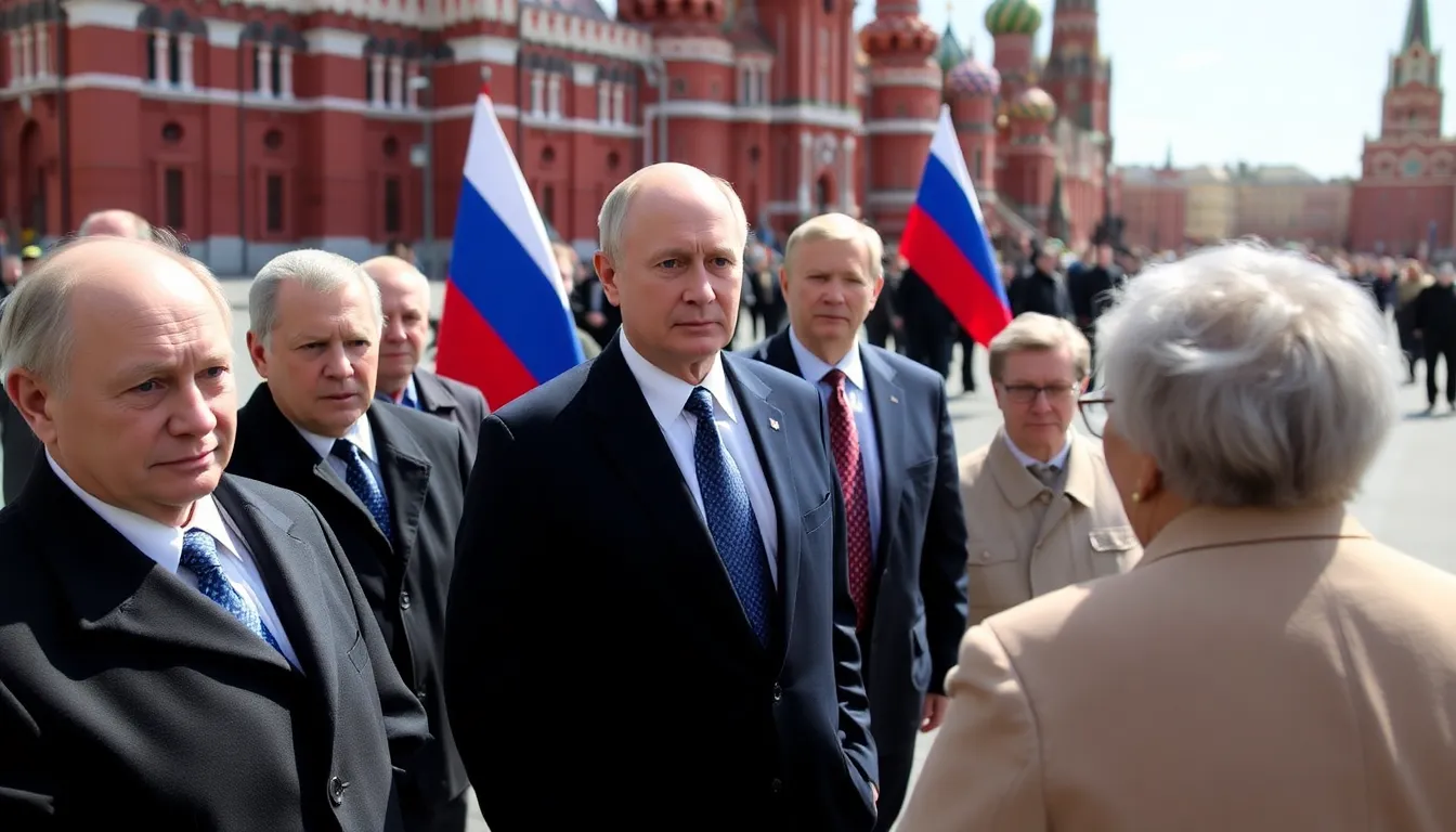 モスクワの広場で記者会見を行うロシア政府の高官が、新たな米国の安全保障戦略について発表し、周囲には報道陣が集まっている様子。
