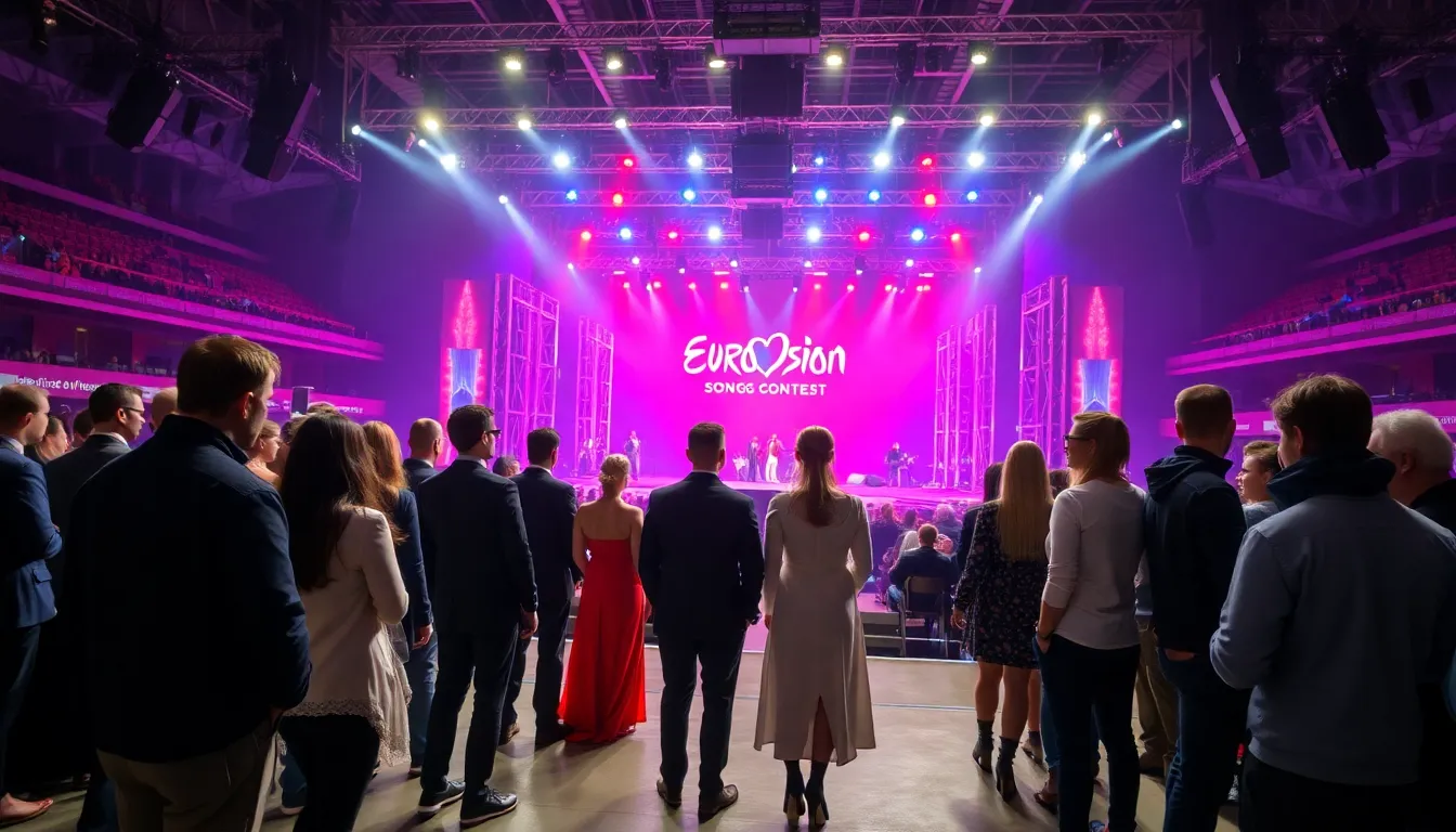 A group of artists from various countries discussing the implications of political tensions on their performances at the upcoming Eurovision event