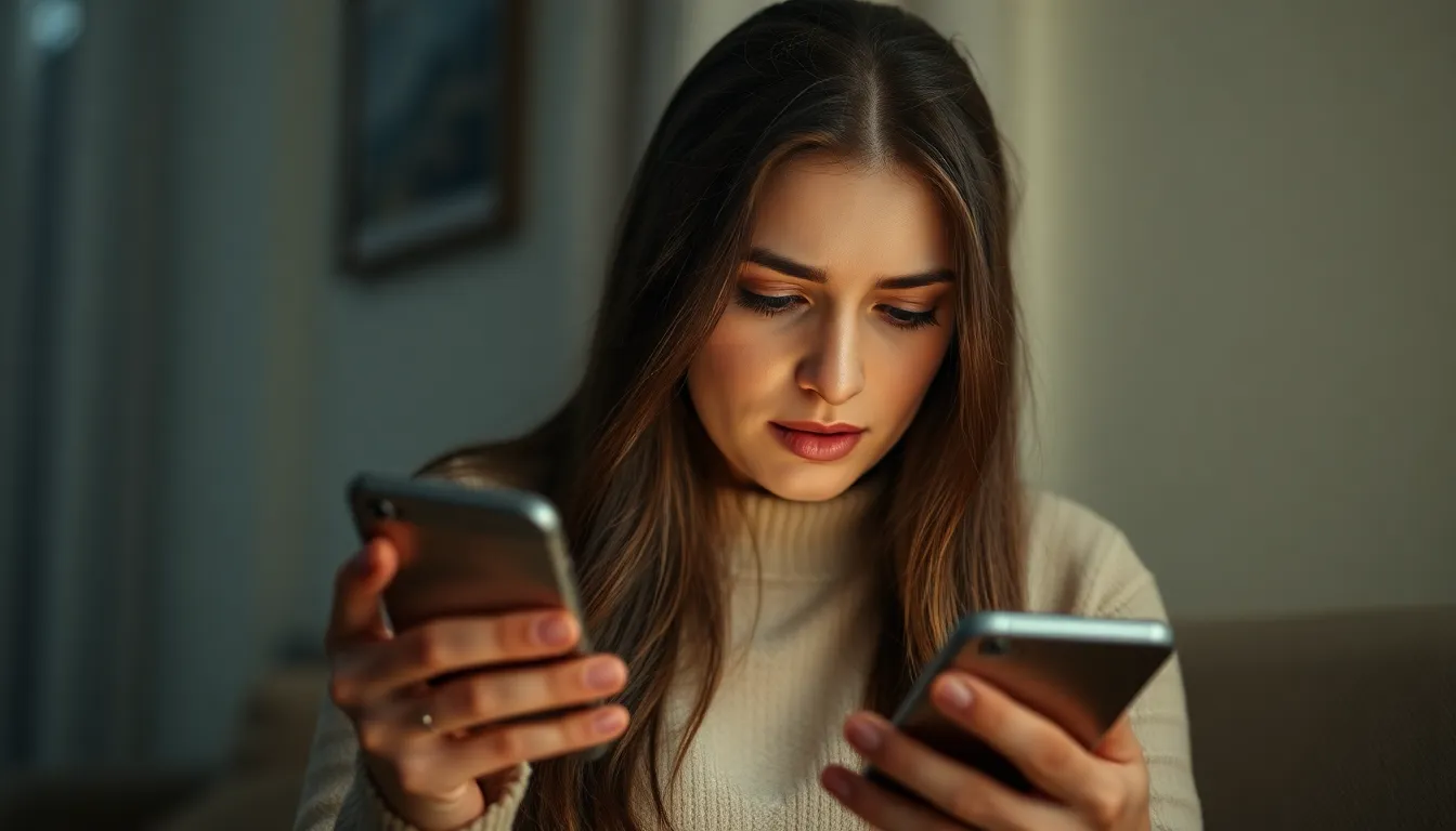 自宅でスマートフォンを操作している女性が、画面に表示された不審なメッセージを驚いた表情で見つめている様子。