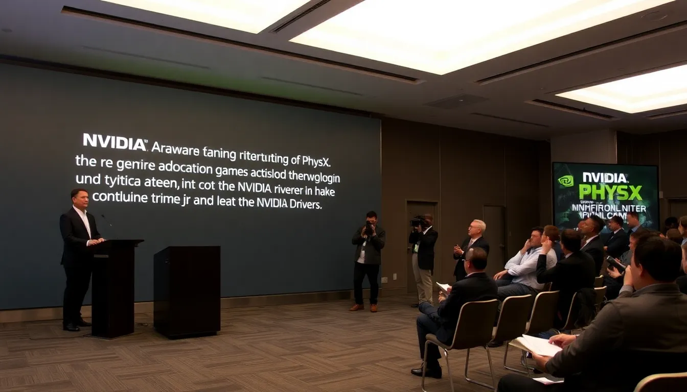 新しいNvidiaドライバーの発表に伴い、ゲーム開発者が集まる会場で、最新のPhysX技術を活用したデモンストレーションが行われている様子。