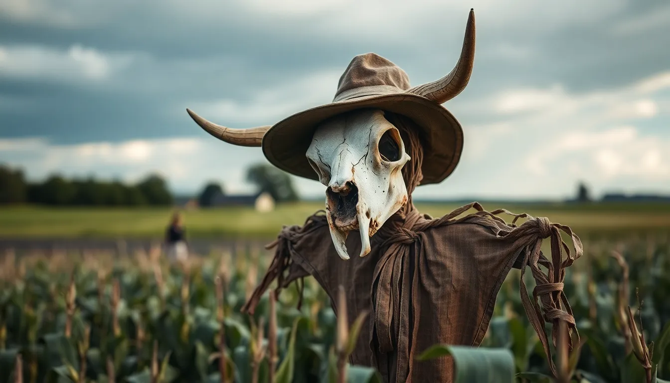 The haunting figure of a cowskulled scarecrow, symbolizing the intersection of fear and femininity in Rego's exploration of identity and societal anxieties