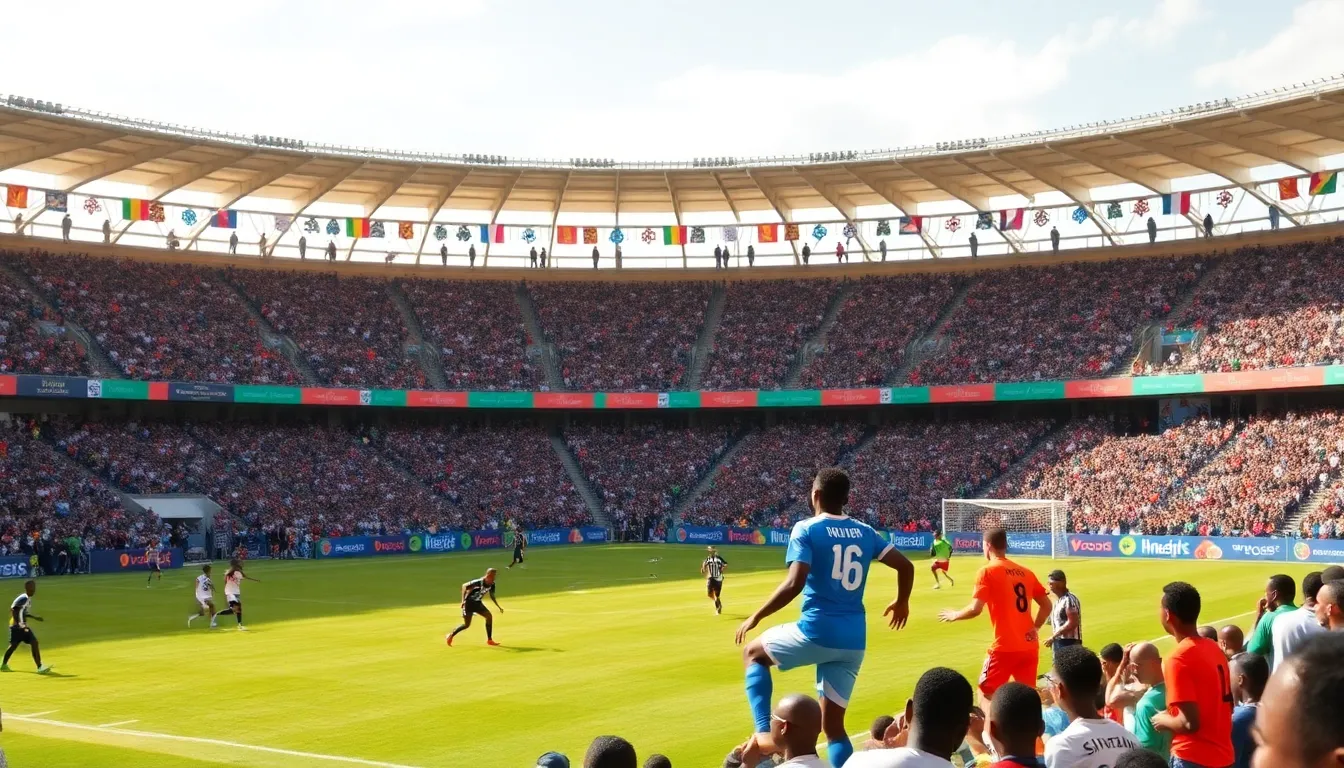 アフリカネイションズカップの開催地であるコートジボワールのスタジアムで、サッカー選手たちが練習を行い、観客席には熱心なファンが集まっている様子。