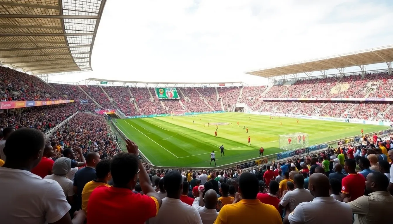 A tense moment on the pitch as players from different African nations compete fiercely for the ball during a crucial match in the tournament