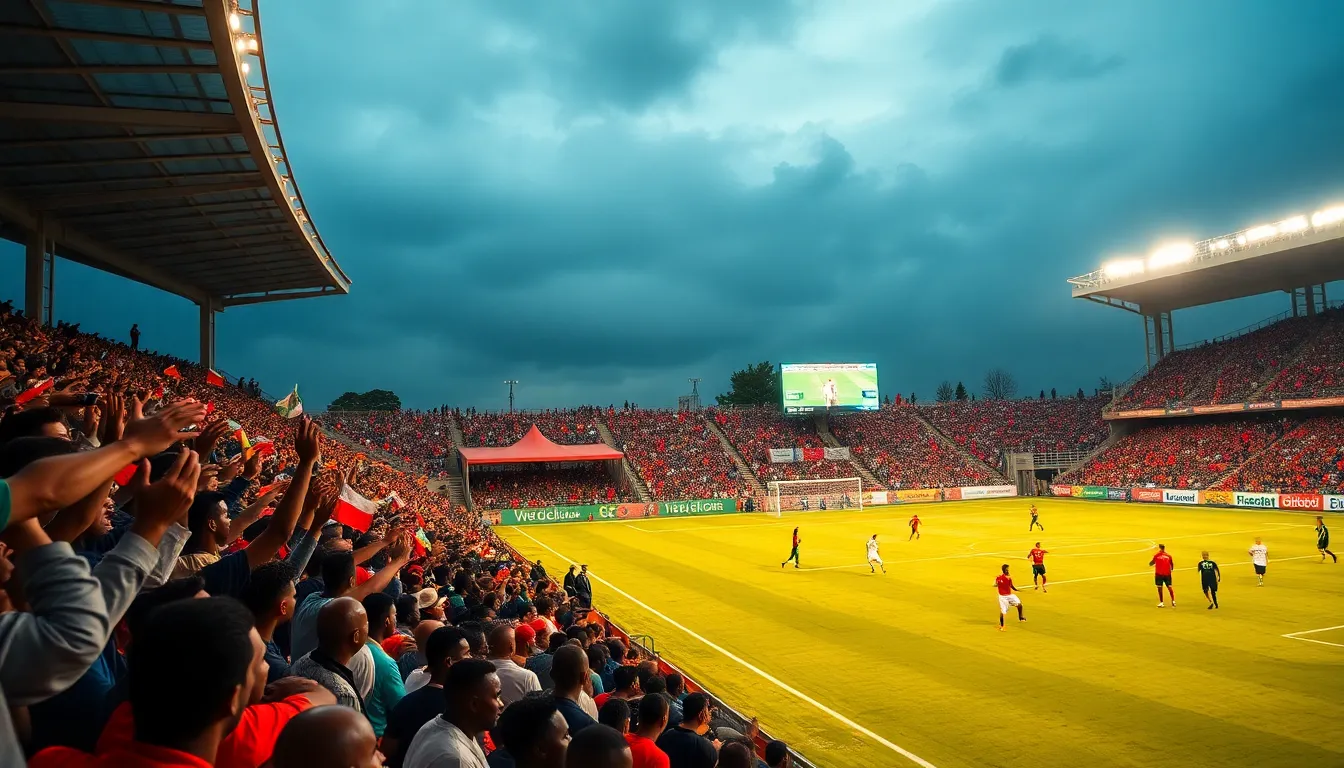 A packed stadium filled with enthusiastic supporters, waving flags and banners, creating an electric atmosphere that highlights the significance of AFCON in uniting nations
