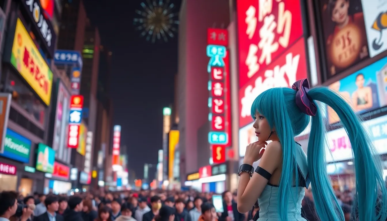 東京ドームで大勢のファンが集まり、初音ミクのパフォーマンスを楽しむ様子が賑やかに展開されている。