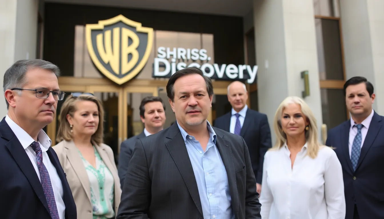 ワーナー・ブラザース・ディスカバリーのロゴが掲げられたオフィスビルの前で、企業の関係者が集まり、買収提案についての議論を交わしている様子。