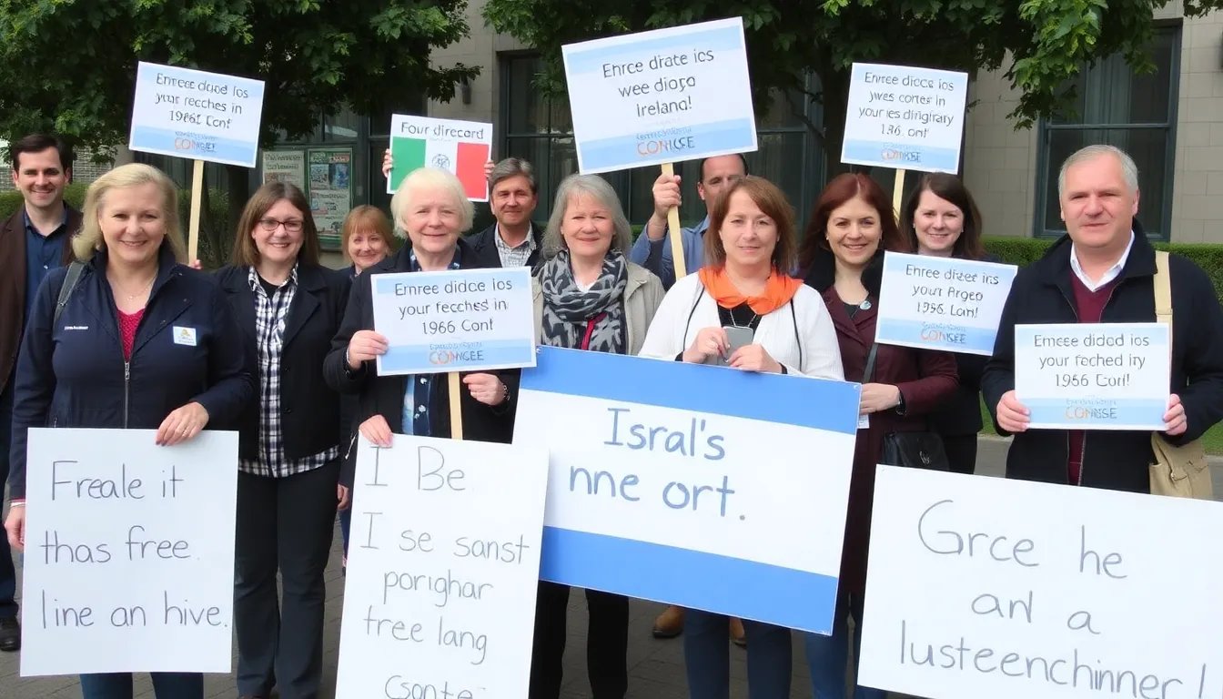 A vibrant protest scene showcasing banners and signs advocating for human rights, highlighting the intersection of music and activism in the context of the Eurovision boycott