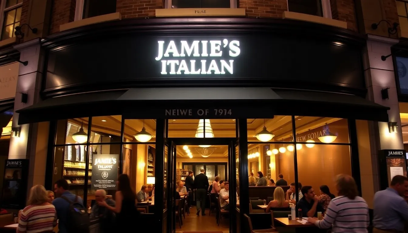 A bustling restaurant scene showcasing diverse diners enjoying fresh, seasonal dishes in a casual atmosphere reminiscent of Jamie's Italian