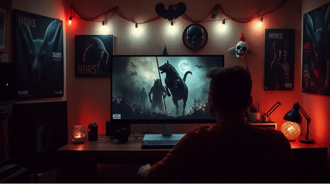 ホラーゲーム「Horses」の販売禁止に関するニュースを報じる記事のため、ゲームのロゴやキャラクターが描かれたポスターが背景にあり、規制に反対するファンが集まって抗議のプラカードを掲げている様子。