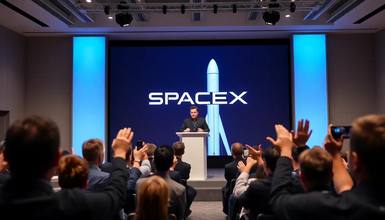 Elon Musk stands on stage at a SpaceX event, discussing the company's upcoming public flotation and its potential impact on the aerospace industry.