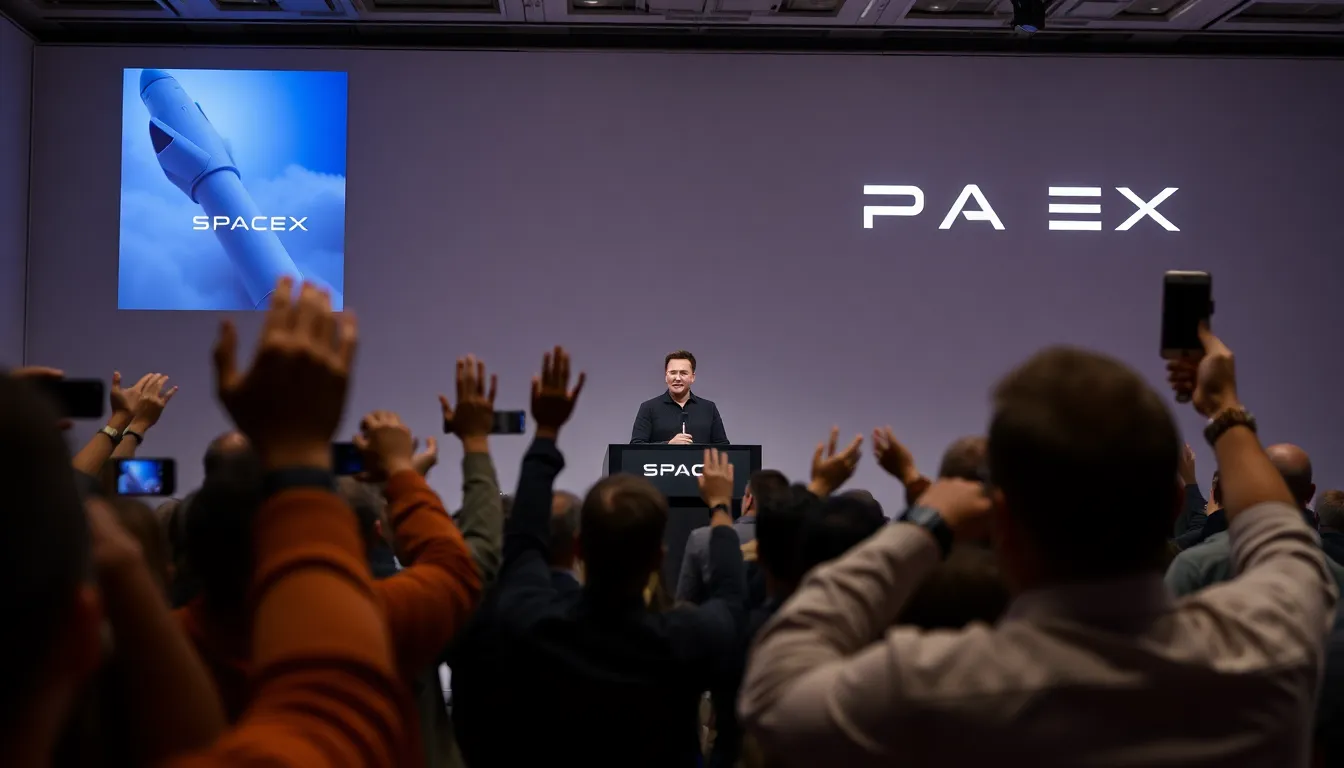 Engineers and analysts collaborate in a hightech workspace, discussing strategies for SpaceX's initial public offering and its implications for the aerospace industry