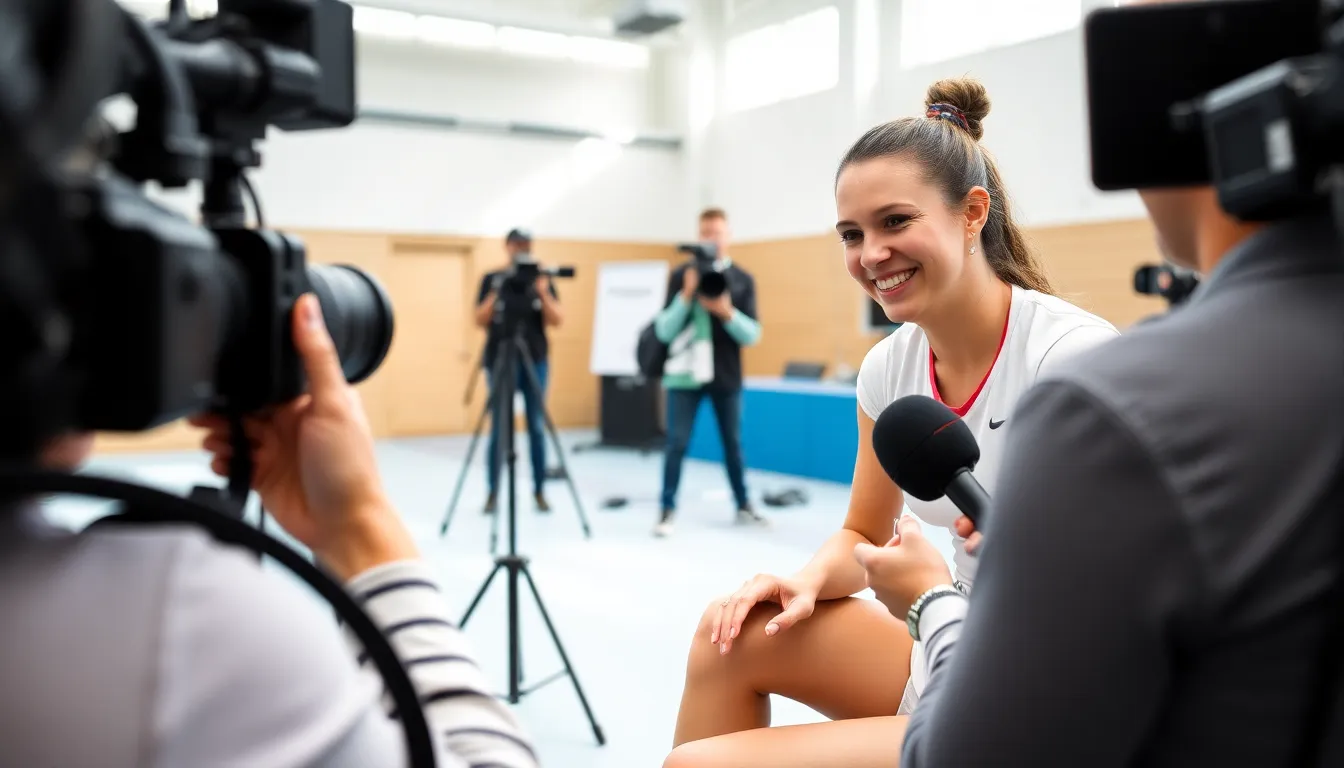 テニスコートでの試合後、ラドゥカヌがファンと交流している場面