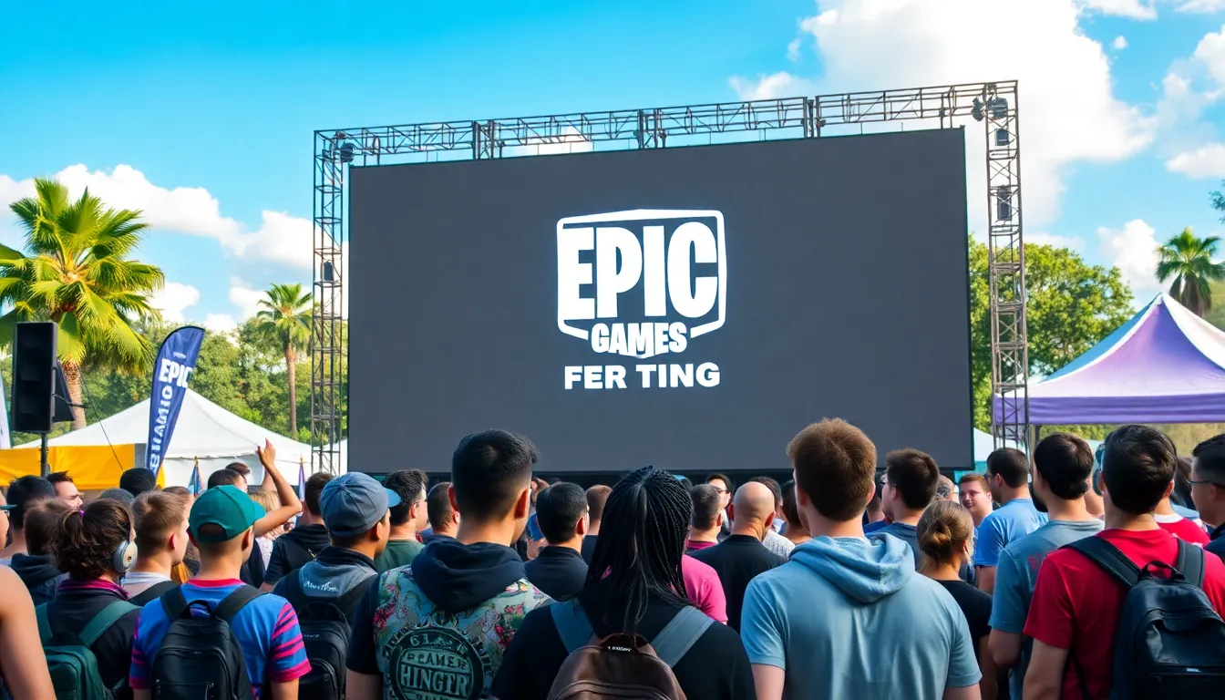 A group of gamers discusses the recent crackdown on account selling in Fortnite, with a laptop displaying the Epic Games logo in the background.